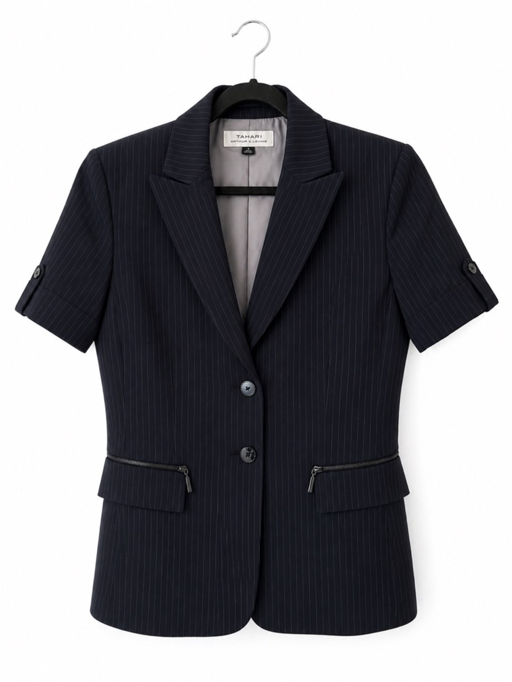 Tahari Arthur S Levine Chic Black Pinstripe | Short Sleeve | Notch-Lapel Blazer
